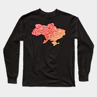 Colorful mandala art map of Ukraine with text in red and orange Long Sleeve T-Shirt